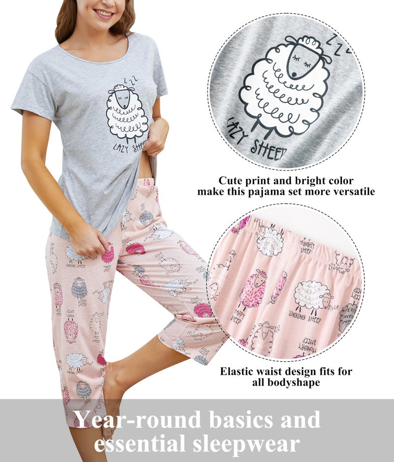 PNAEONG Women Pajama Set Sleepwear Tops with Capri Pants Casual and Fun Prints Pajama Sets Lazy Sheep 3XL - Image 4
